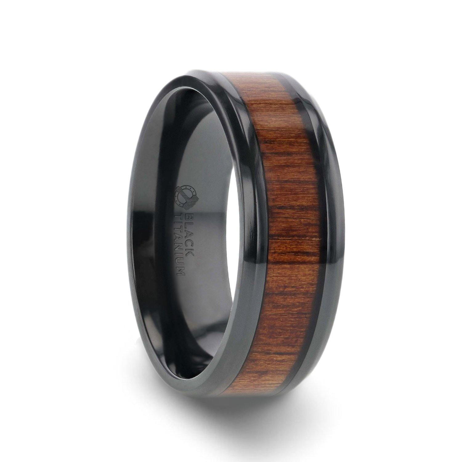 LEIFI - Koa Wood Inlaid Black Titanium Ring with Bevels - 8 mm - The Rutile Ltd