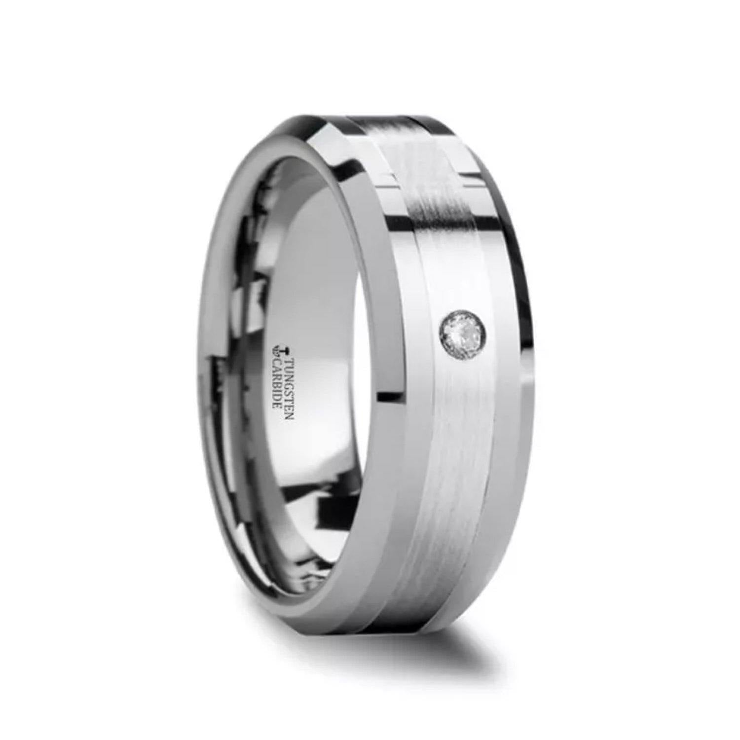 LEOPOLD -Silver Inlaid Beveled Tungsten Ring with Diamond - 6mm & 8mm - The Rutile Ltd