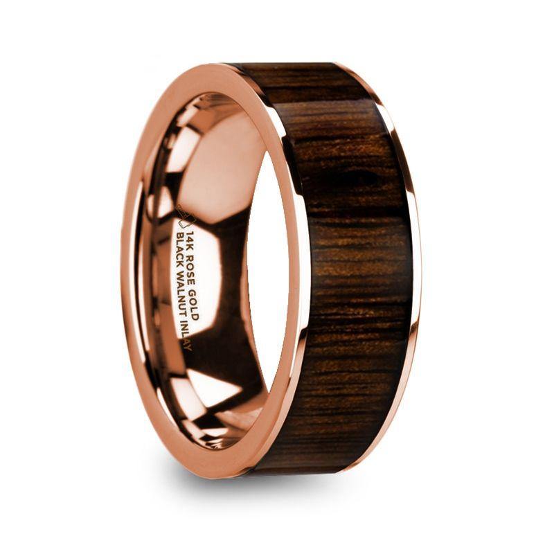 MITSOS - Polished 14k Rose Gold Men’s Ring with Black Walnut Wood Inlay - 8mm - The Rutile Ltd