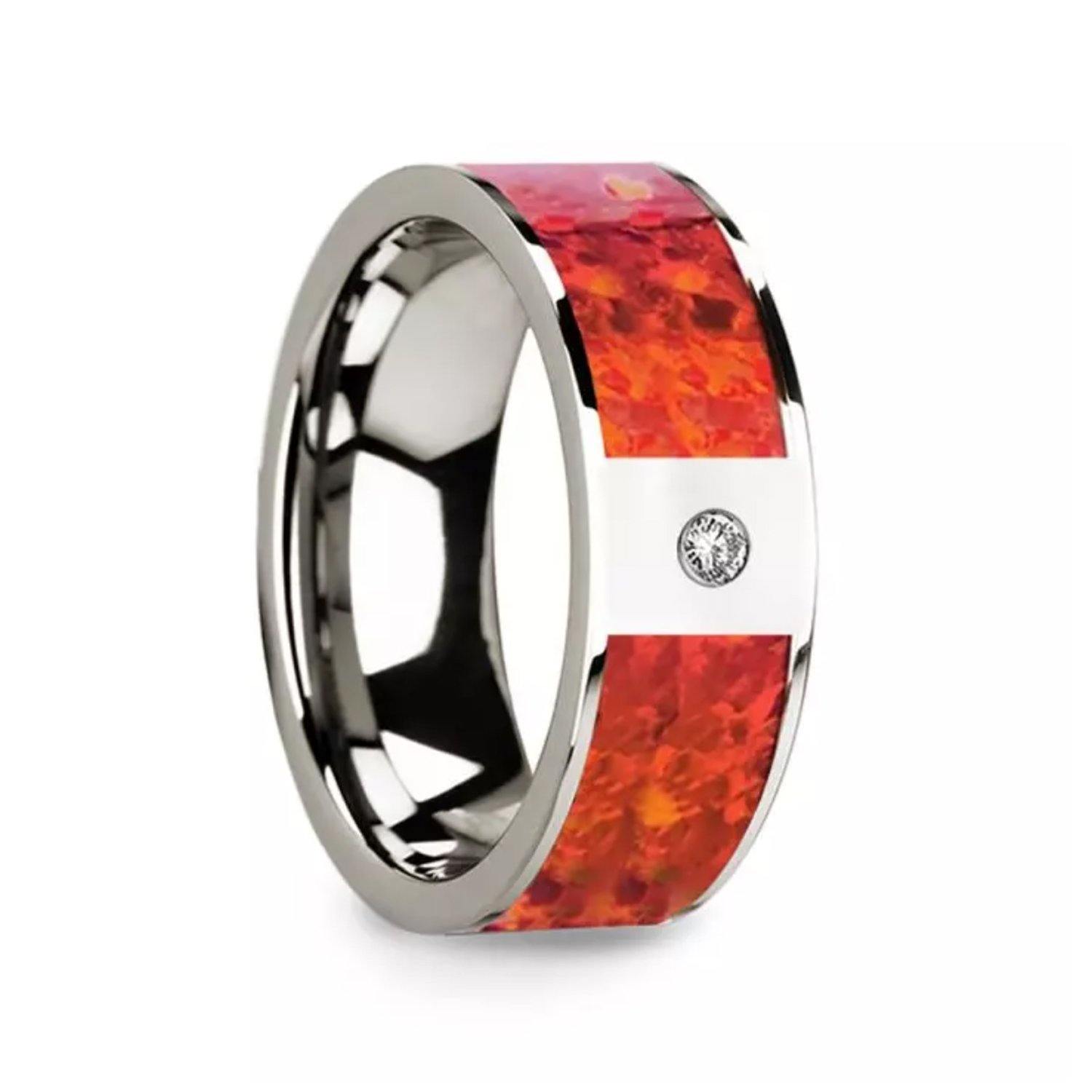 MAGNETO - Red Opal Inlaid Polished 14k White Gold Men’s Wedding Ring with Diamond Accent - 8mm - The Rutile Ltd