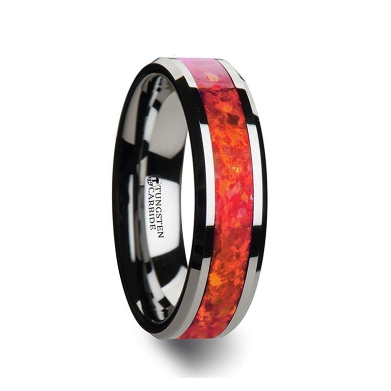 NEBULA - Tungsten Wedding Band with Beveled Edges and Red Opal Inlay - 4mm, 6mm, & 8mm - The Rutile Ltd