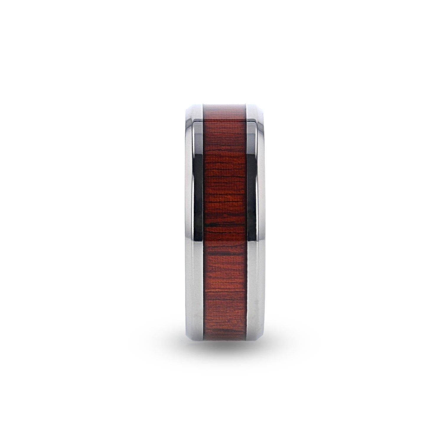 NORRO - Titanium Polished Beveled Edges Padauk Wood Inlaid Men’s Wedding Band - 8mm - The Rutile Ltd