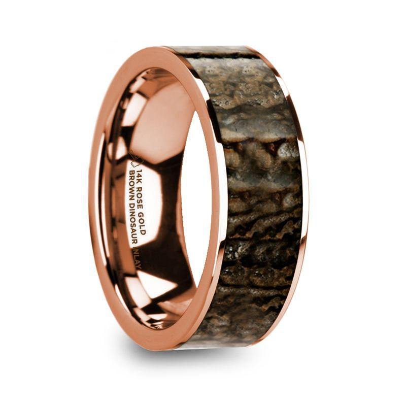 ORESTE - Polished 14k Rose Gold Men’s Flat Wedding Ring with Brown Dinosaur Bone Inlay - 8mm - The Rutile Ltd