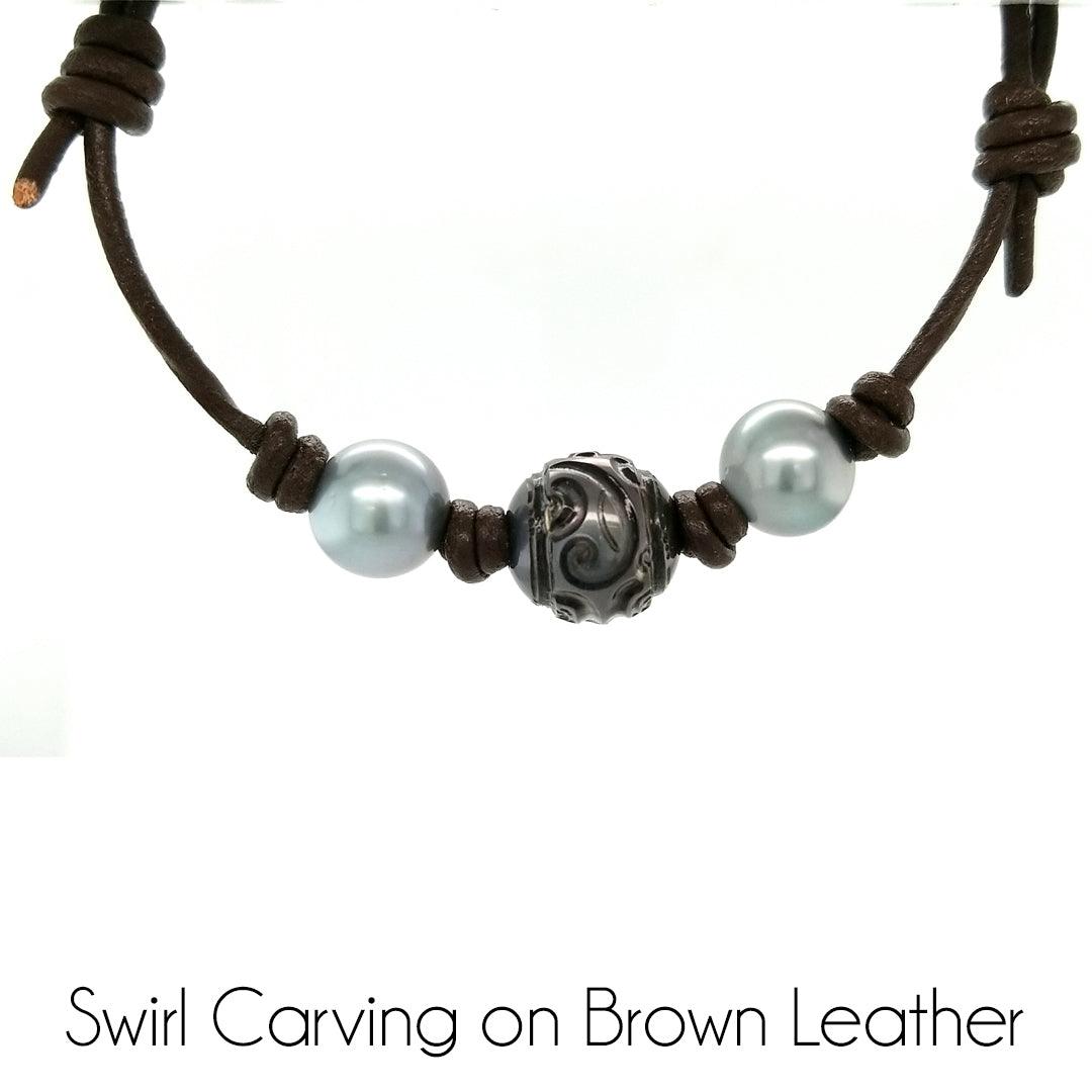 "The Surfer's Trilogy" - Handcarved Tahitian Pearl and Leather Necklace - The Rutile Ltd