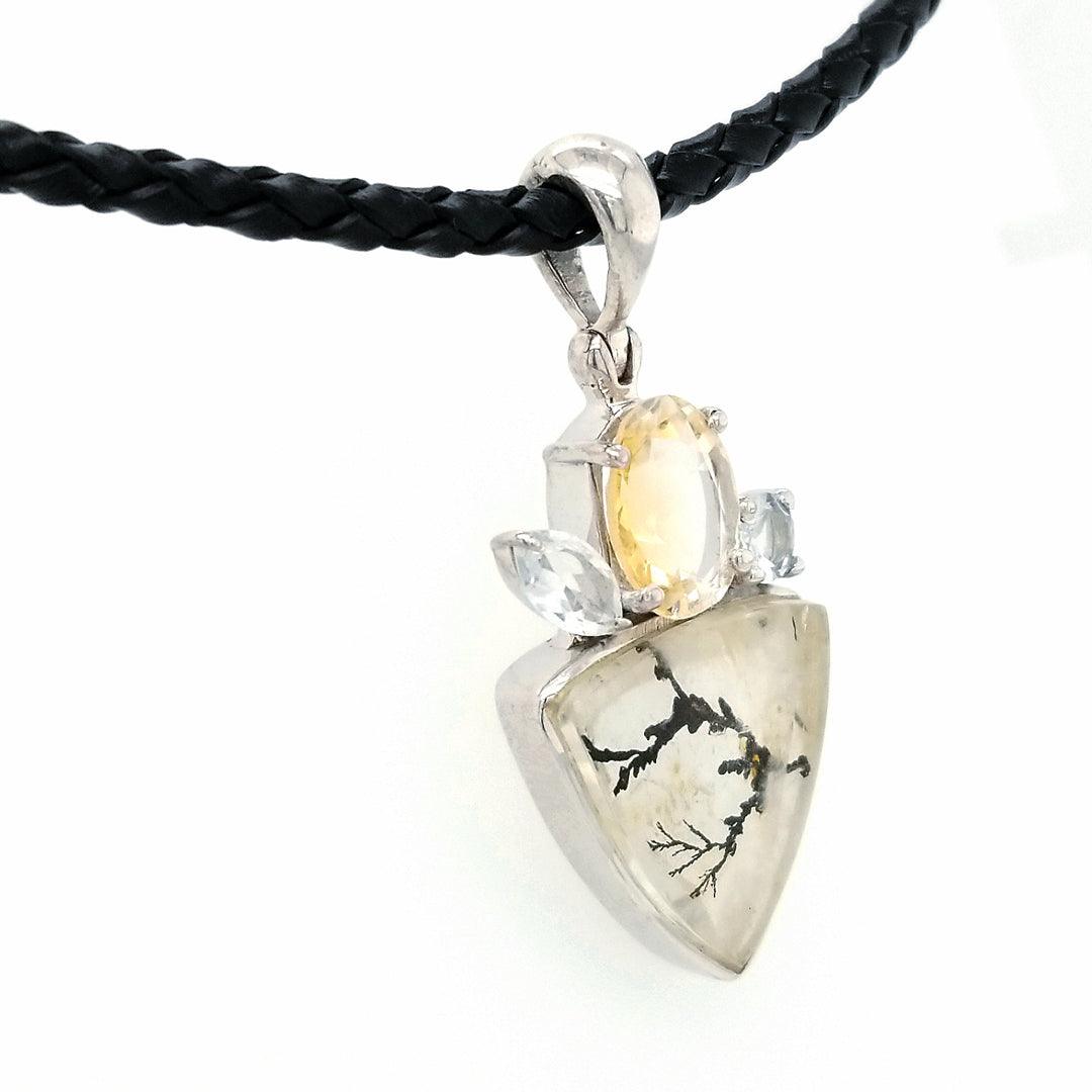 “The Grow” - Dendritic Quartz, Citrine, and White Topaz Pendant in Sterling Silver with 18" Black Leather Cord - The Rutile Ltd