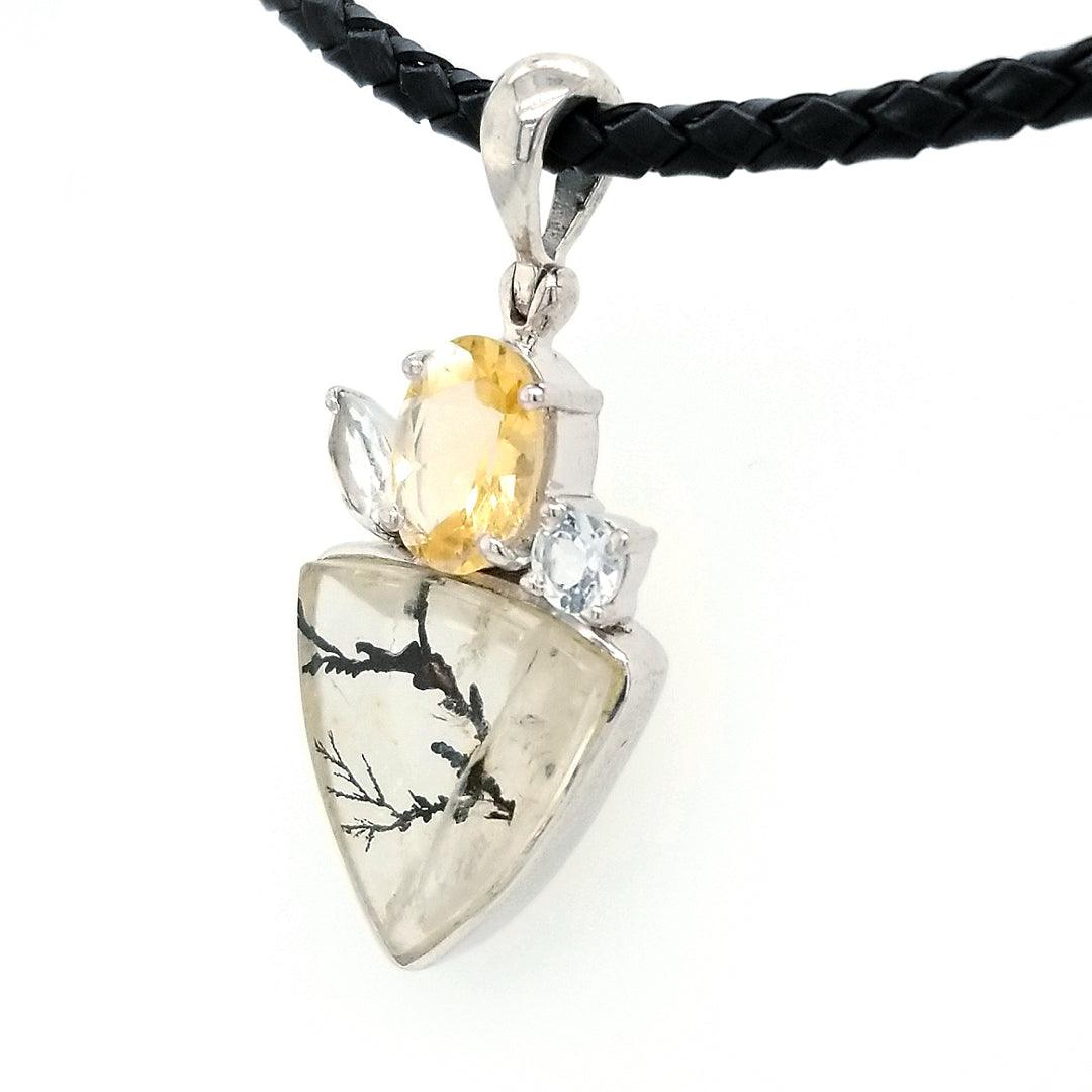 “The Grow” - Dendritic Quartz, Citrine, and White Topaz Pendant in Sterling Silver with 18" Black Leather Cord - The Rutile Ltd