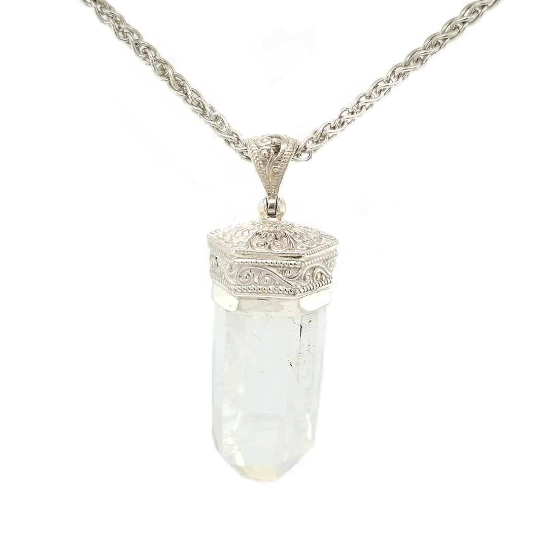 “The Frequency” - Clear Quartz Crystal Point Sterling Silver Pendant on 24” Wheat Chain