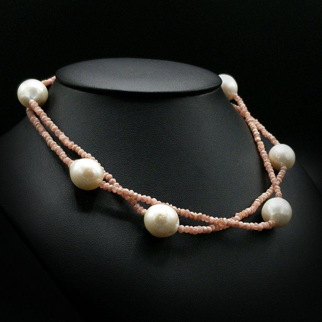 Rhodochrosite and Cultured Pearl Necklace with Sterling Silver Clasp - The Rutile Ltd