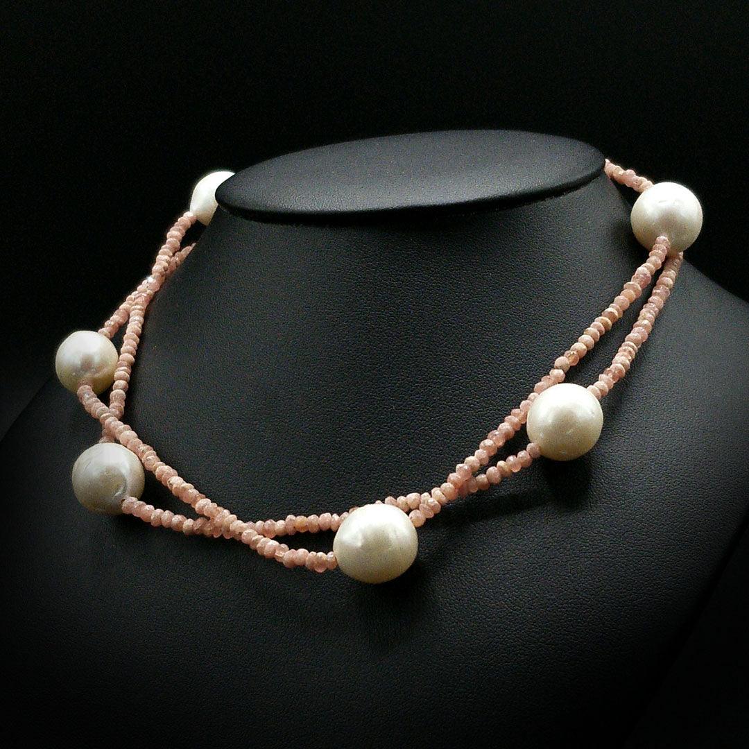 Rhodochrosite and Cultured Pearl Necklace with Sterling Silver Clasp - The Rutile Ltd