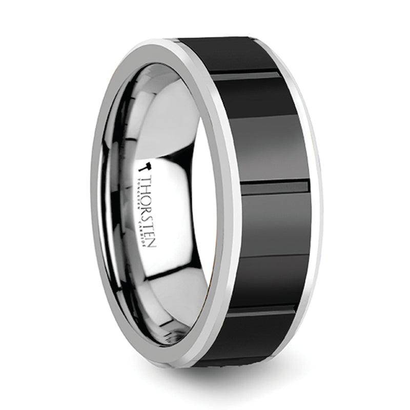 ROCHESTER - Tungsten Ring with Horizontal Grooved Black Ceramic Center - 8 mm - The Rutile Ltd