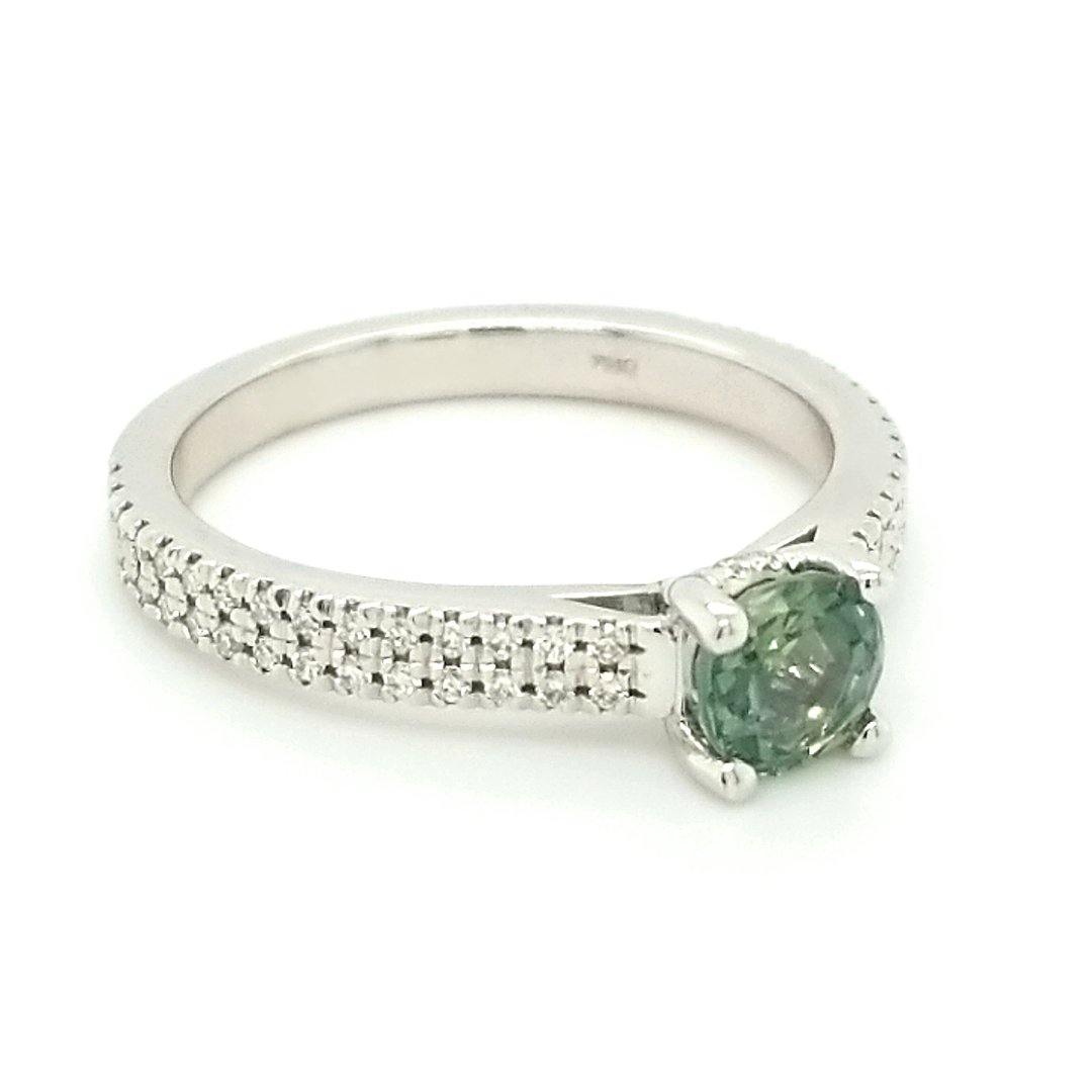 "The Entranced" - Bluish-Green Untreated Montana Sapphire and Diamond Ring in 14kt White Gold - The Rutile Ltd
