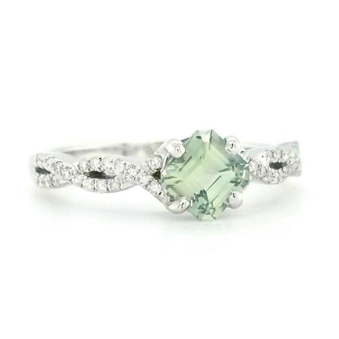 "The Mythic" - Assher Cut Natural Green Montana Sapphire and Diamond Ring in 14kt White Gold - The Rutile Ltd