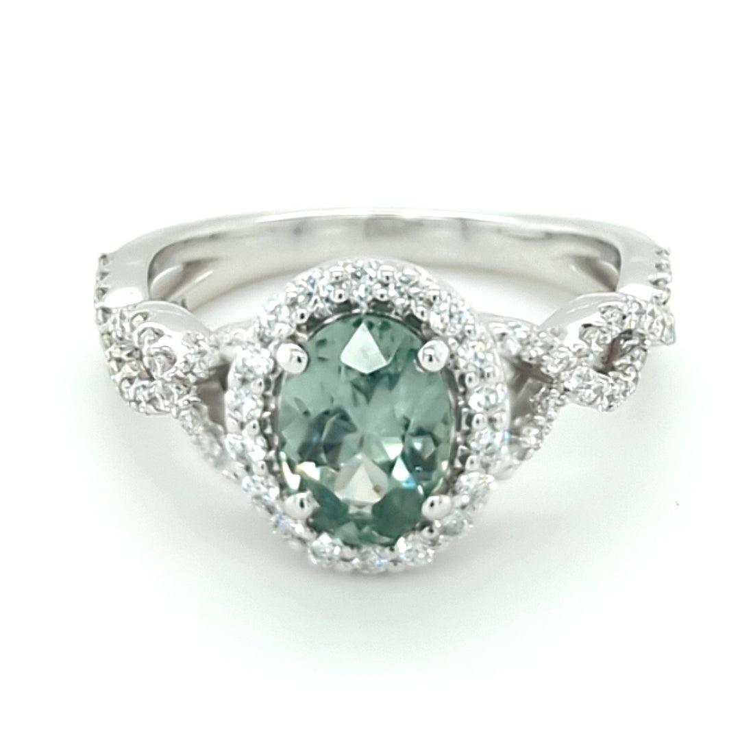 Light Grayish Blue-Green Montana Sapphire and Diamond 14kt White Gold Halo Ring - The Rutile Ltd