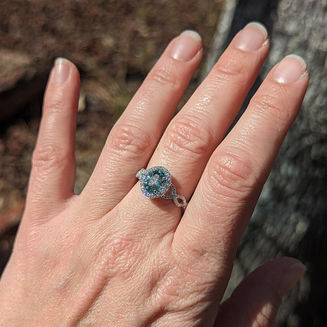 Light Grayish Blue-Green Montana Sapphire and Diamond 14kt White Gold Halo Ring - The Rutile Ltd