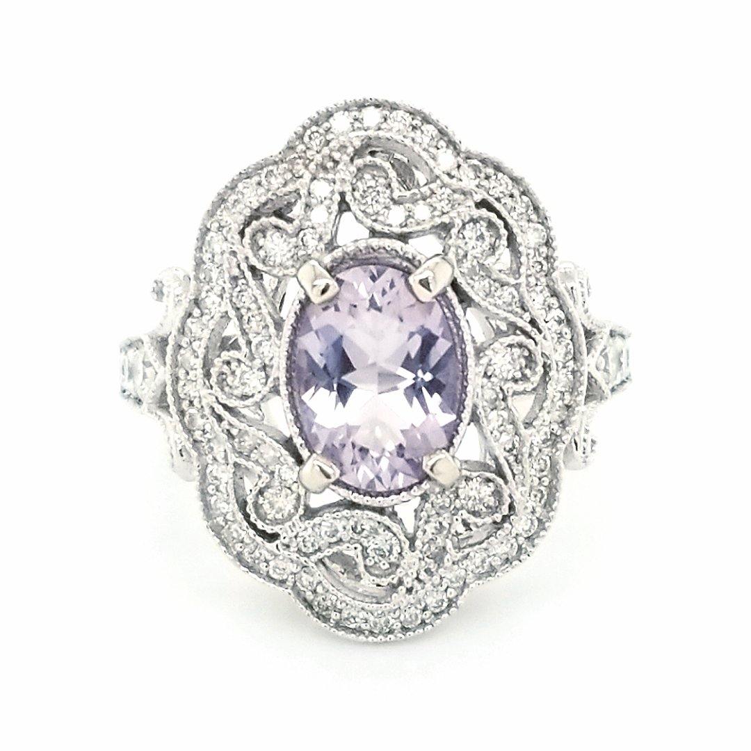 “The Lavandula” - Light Lavender Scapolite and Diamond Vintage Inspired 14kt White Gold Statement Ring - The Rutile Ltd
