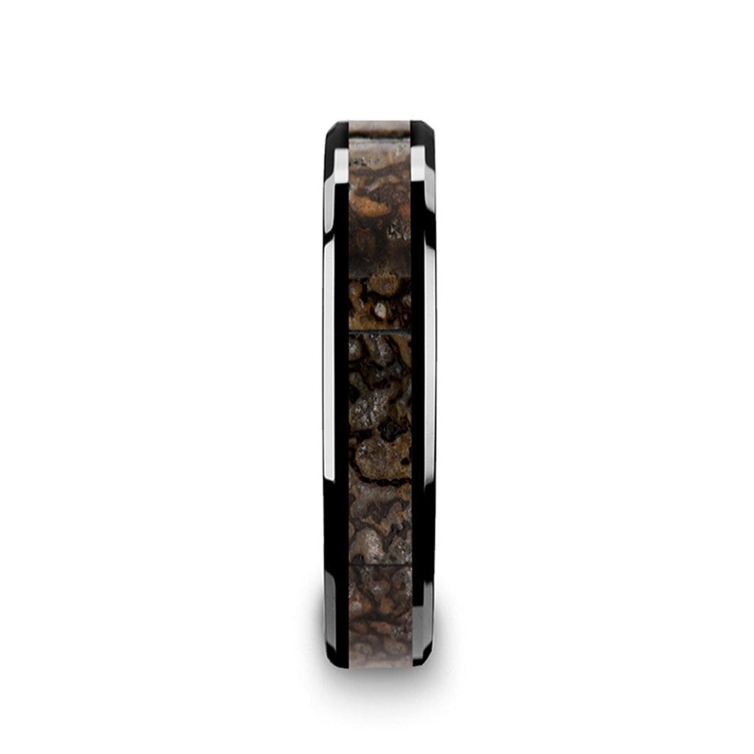 SILURIAN - Dinosaur Bone Inlaid Black Ceramic Beveled Edged Ring - 4mm & 8mm - The Rutile Ltd