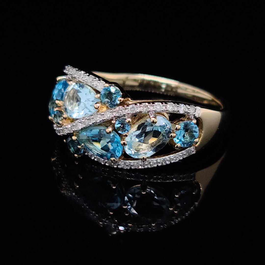 London Blue Topaz, Swiss Blue Topaz, Sky Blue Topaz and 0.20ct Diamond Ring in 10k Yellow Gold - The Rutile Ltd