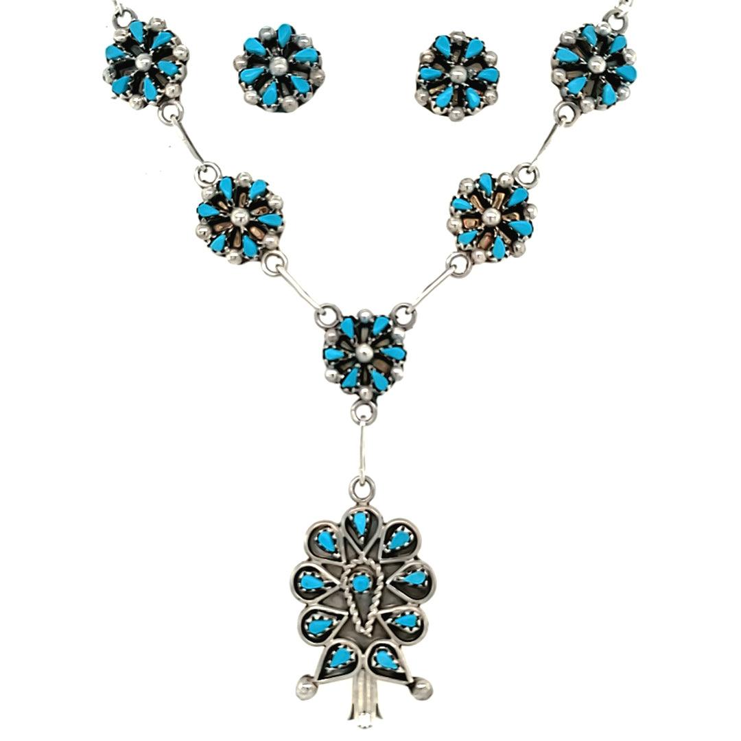Tricia Leekaty Zuni Tribe Sterling Silver Turquoise Flower Necklace and Earrings Set - The Rutile Ltd
