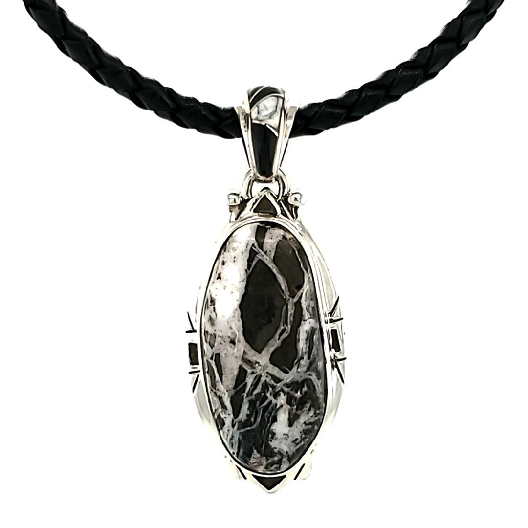 White Buffalo Turquoise Sterling Silver Pendant with Onyx Accents by Ed Lohman - The Rutile Ltd