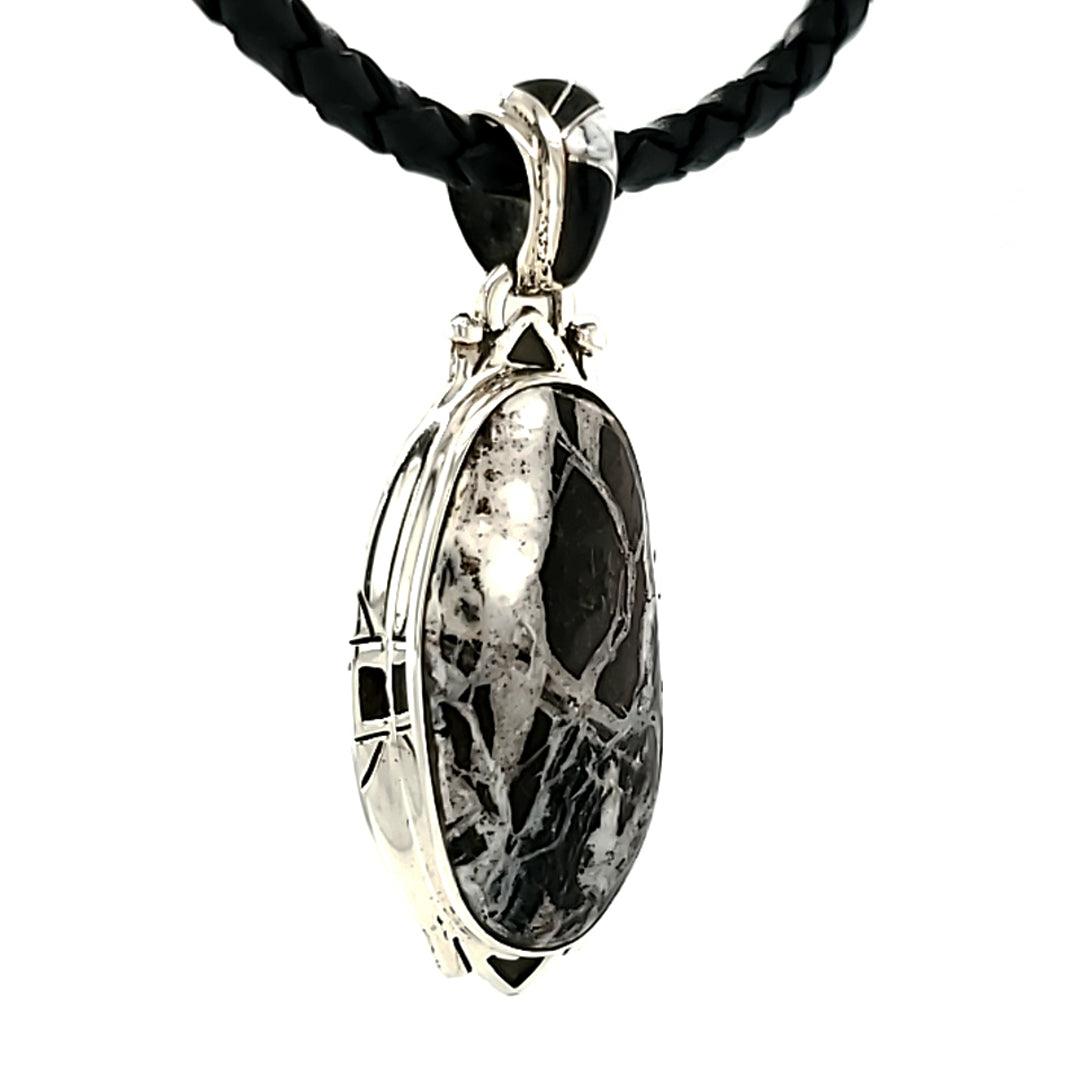 White Buffalo Turquoise Sterling Silver Pendant with Onyx Accents by Ed Lohman - The Rutile Ltd