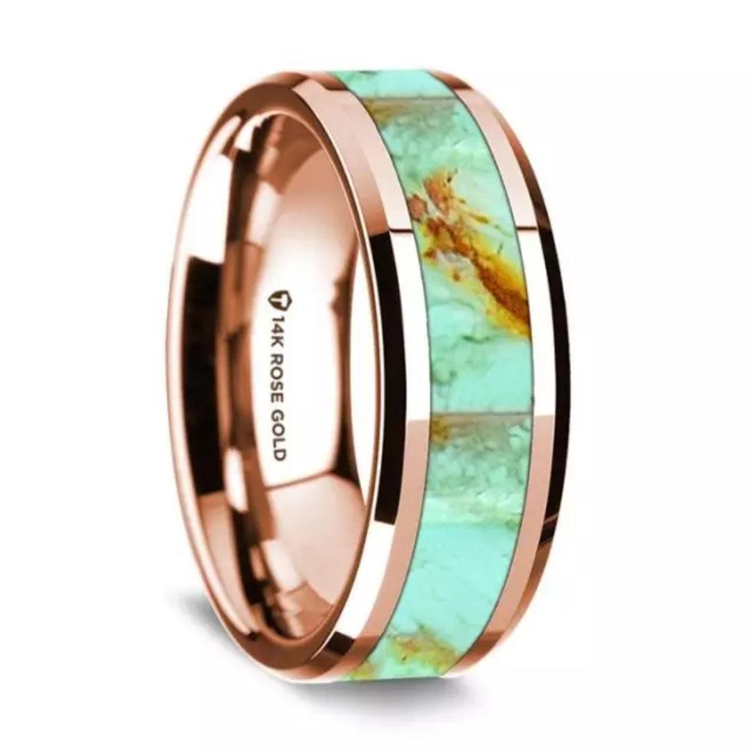 TURKUAZ - 14K Rose Gold Polished Beveled Edges Wedding Ring with Turquoise Inlay - 8 mm - The Rutile Ltd
