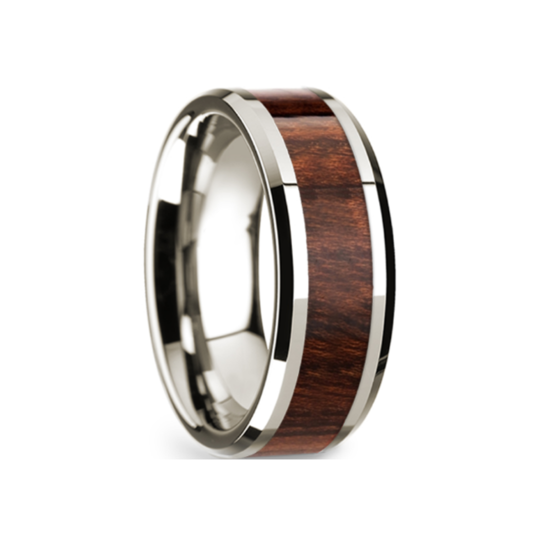 SANTERIA - 14k White Gold Polished Beveled Edges Wedding Ring with Carpathian Inlay - 8 mm - The Rutile Ltd