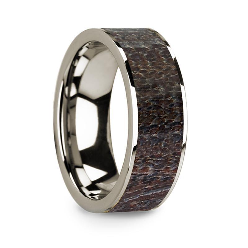 ELM - Flat Polished 14k White Gold Wedding Ring with Dark Deer Antler Inlay - 8 mm - The Rutile Ltd