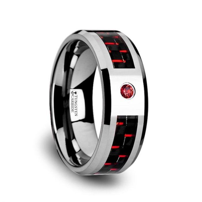 ADRIAN - Tungsten Carbide Ring with Black and Red Carbon Fiber and Red Ruby Setting with Bevels - 8mm - The Rutile Ltd
