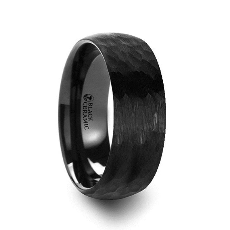 RAGNAROK - Domed Hammer Finish Black Ceramic Wedding Band with Brushed Finish - 6mm & 8mm - The Rutile Ltd
