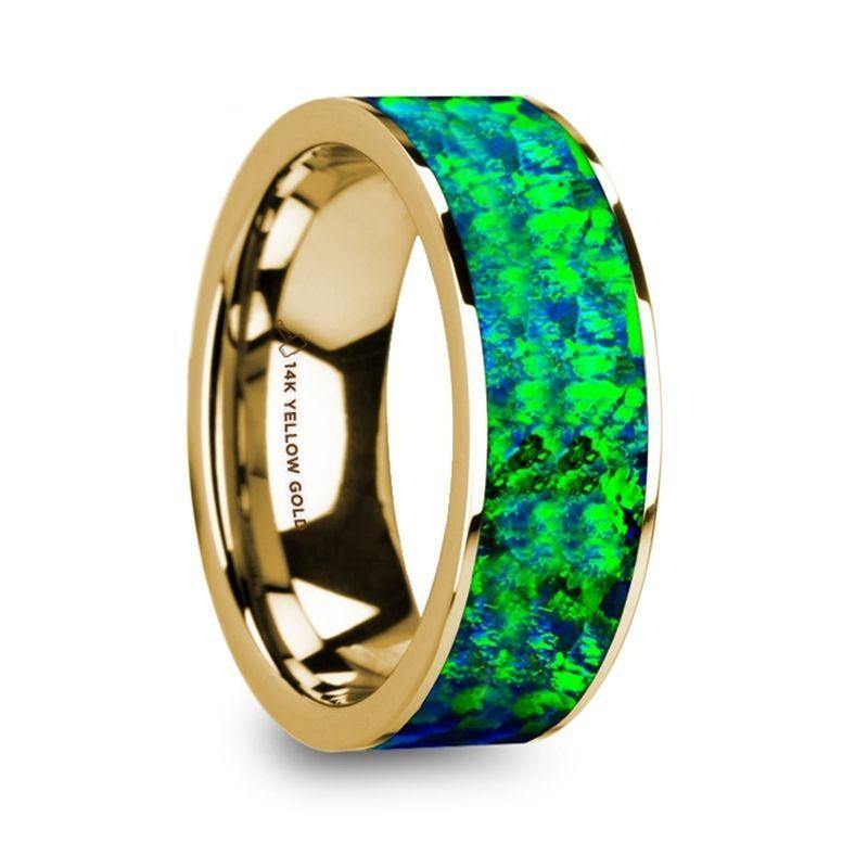 AGAPIOS - Flat Polished 14K Yellow Gold with Emerald Green and Sapphire Blue Opal Inlay - 8mm - The Rutile Ltd