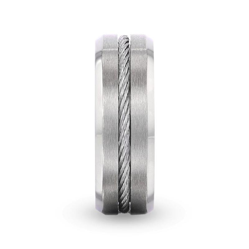 ALBERT - Steel Cable Inlaid Brushed Center Titanium Men's Wedding Band With Beveled Polished Edges - 8mm - The Rutile Ltd