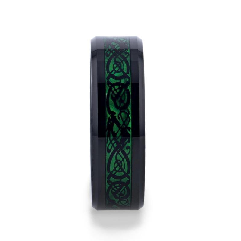 ALLURE - Black Dragon Design With Green Background Inlaid Black Tungsten Men's Ring With Clear Coating And Beveled Edge - 8mm - The Rutile Ltd