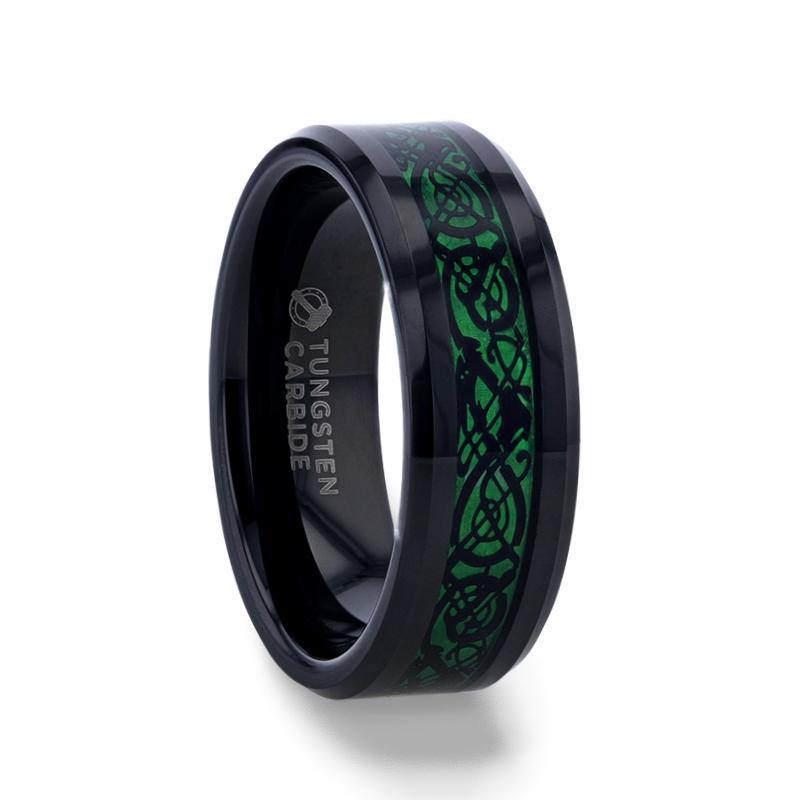 ALLURE - Black Dragon Design With Green Background Inlaid Black Tungsten Men's Ring With Clear Coating And Beveled Edge - 8mm - The Rutile Ltd