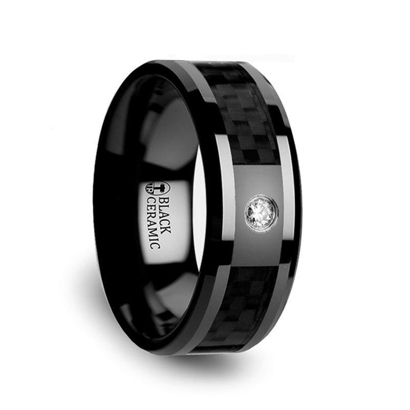 ANGUS - Black Ceramic Diamond Wedding Band with Black Carbon Fiber Inlay- 8mm - The Rutile Ltd