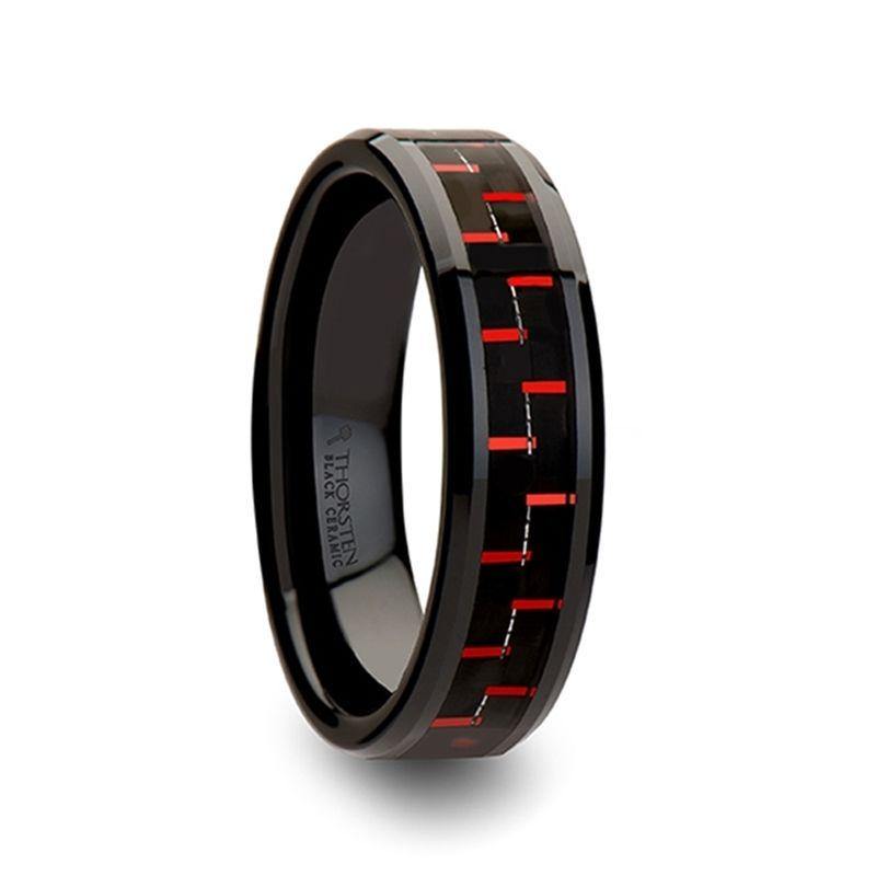 ANTONIUS - Beveled Black Ceramic Ring with Black & Red Carbon Fiber - 4mm - 10mm - The Rutile Ltd