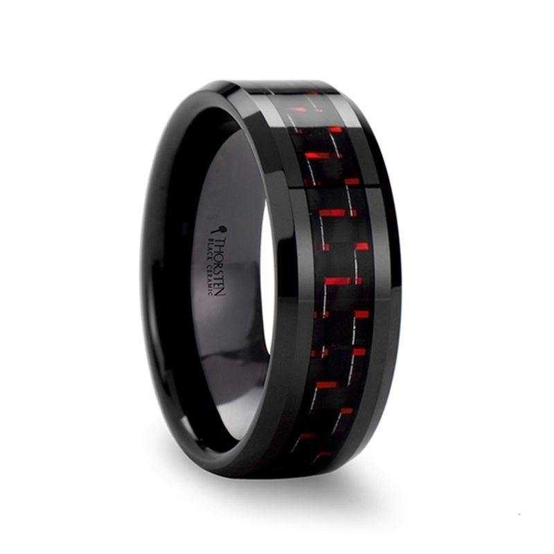 ANTONIUS - Beveled Black Ceramic Ring with Black & Red Carbon Fiber - 4mm - 10mm - The Rutile Ltd