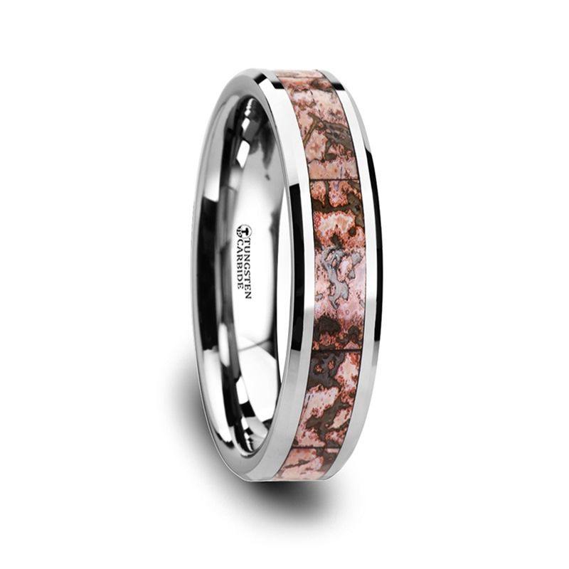 ARCHEAN - Pink Dinosaur Bone Inlaid Tungsten Carbide Beveled Edged Ring - 4&8mm - The Rutile Ltd