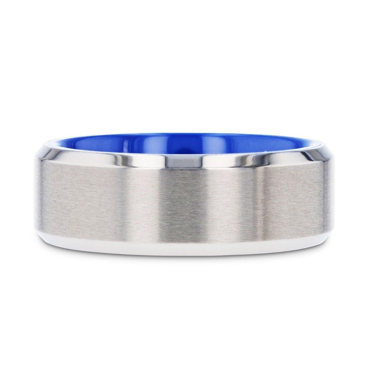ARCTIC - Flat Beveled Edges Titanium Ring with Brushed Center and Vibrant Blue Inside - 8 mm - The Rutile Ltd
