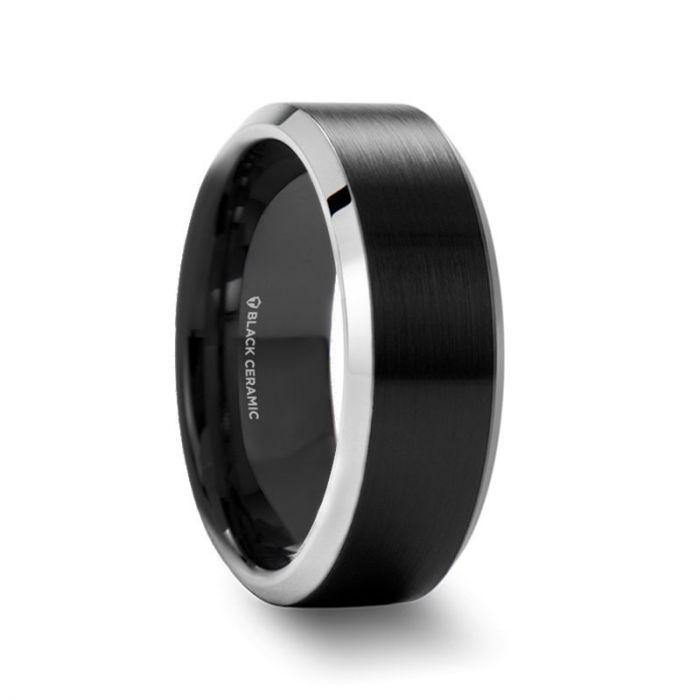 ARDEN - Beveled Edged Tungsten Ring with Brushed Finish Black Ceramic Center - 6mm or 8mm - The Rutile Ltd