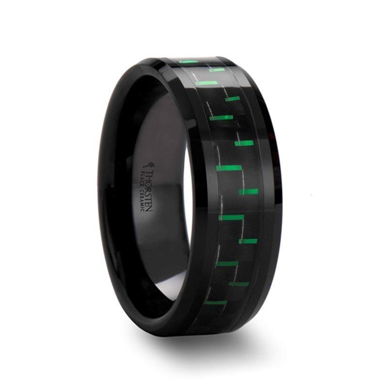 ATILUS - Beveled Black Ceramic Wedding Band with Black & Green Carbon Fiber - 8mm - The Rutile Ltd
