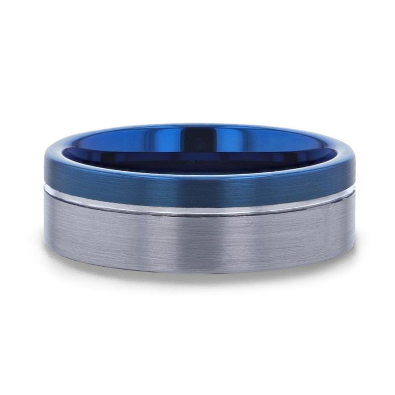 ATLANTIC - Duo Color Brushed Center Tungsten Carbide Men's Wedding Band With Blue Ion Plating Inside the Band - 8mm - The Rutile Ltd
