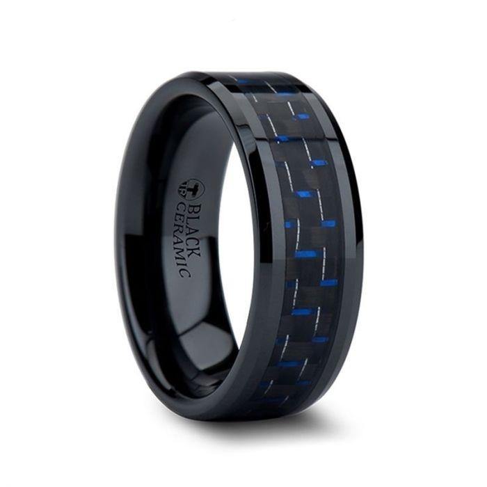 AVITUS - Black Beveled Ceramic Ring with Blue & Black Carbon Fiber Inlay - 4mm to 10mm - The Rutile Ltd