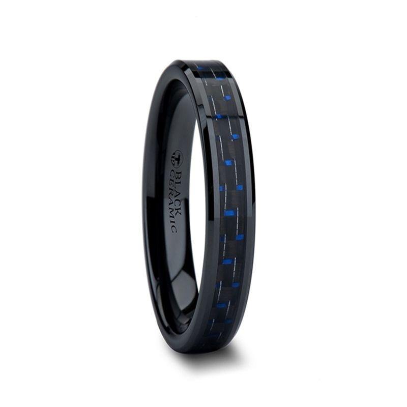 AVITUS - Black Beveled Ceramic Ring with Blue & Black Carbon Fiber Inlay - 4mm to 10mm - The Rutile Ltd