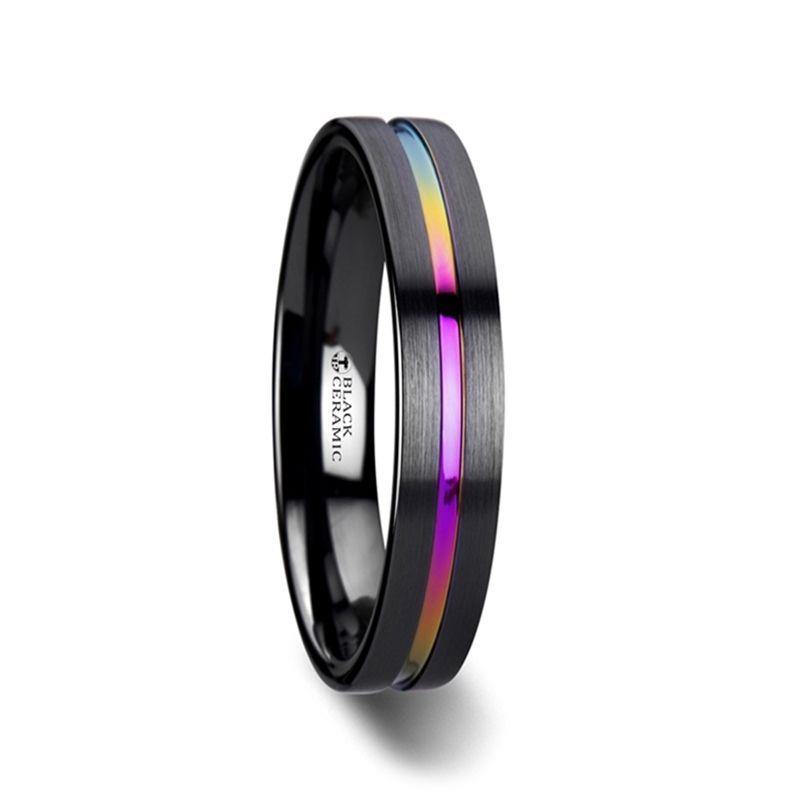 AZURE - Flat Black Ceramic Ring Brushed with Rainbow Groove - 4mm - 8mm - The Rutile Ltd