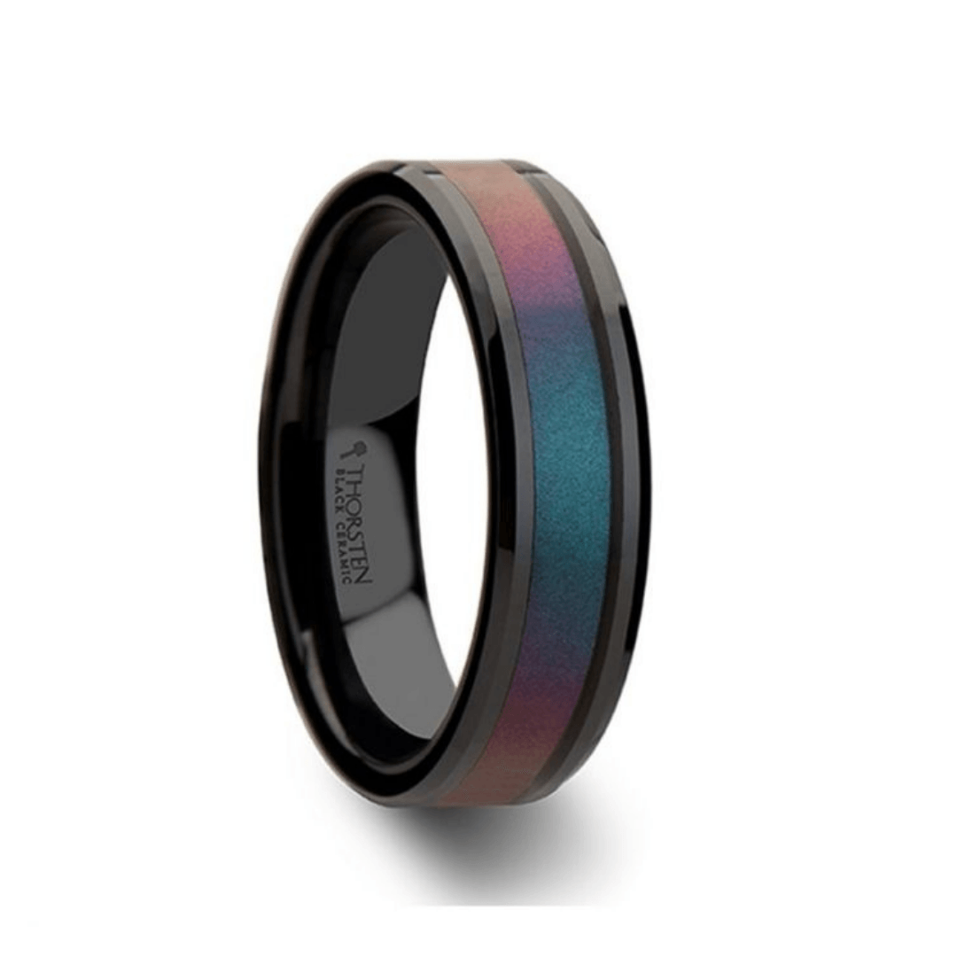 BARRACUDA - Black Ceramic Ring with Bevels and Blue-Purple Color Changing Inlay - 6mm - 10mm - The Rutile Ltd