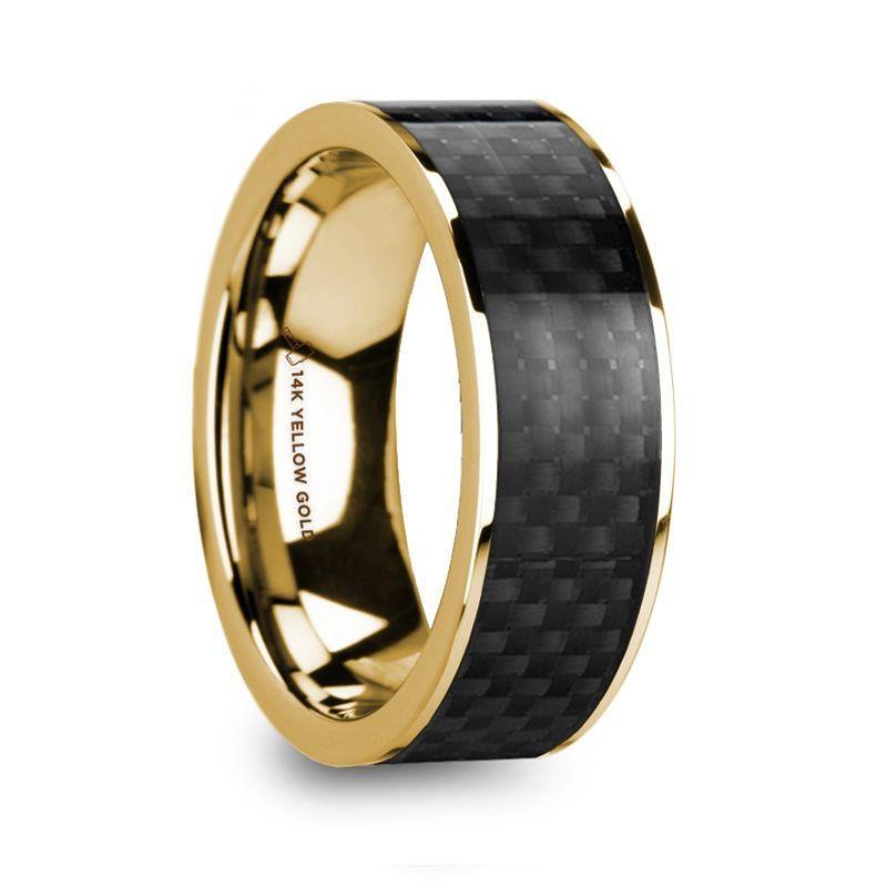 BARUCH - Polished 14k Yellow Gold Men’s Wedding Ring with Black Carbon Fiber Inlay - 8mm - The Rutile Ltd
