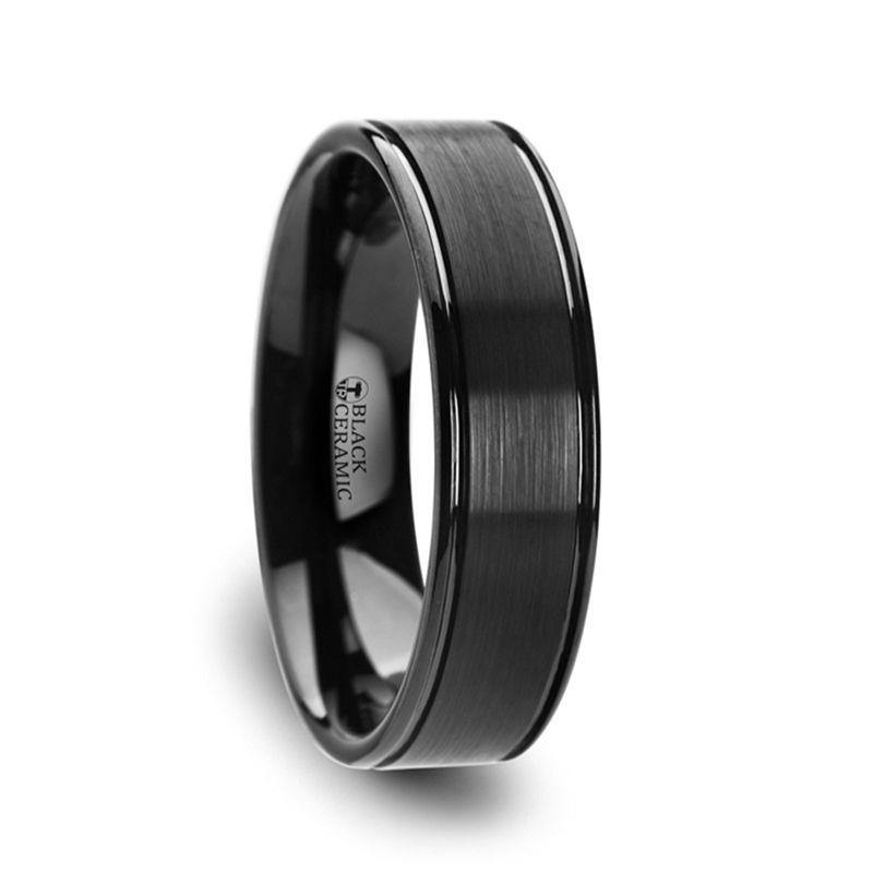BLACKHEART - Flat Brushed Finish Center Black Ceramic Wedding Band with Dual Offset Grooves and Polished Edges - 6mm or 8mm - The Rutile Ltd