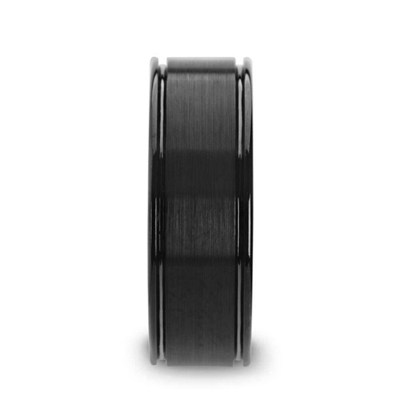BLACKHEART - Flat Brushed Finish Center Black Ceramic Wedding Band with Dual Offset Grooves and Polished Edges - 6mm or 8mm - The Rutile Ltd