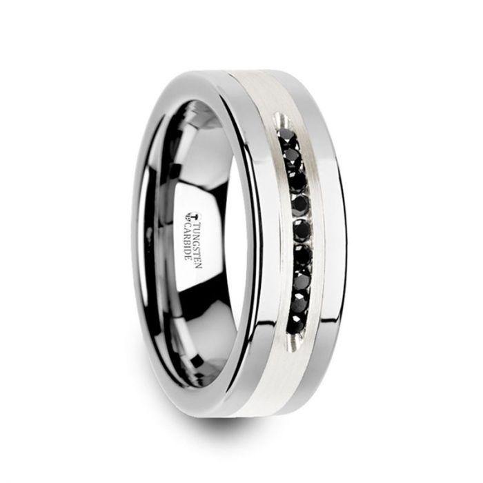 BLACKSTONE - Flat Tungsten Wedding Band with Brushed Silver Inlay Center and 9 Channel Set Black Diamonds - 8mm - The Rutile Ltd
