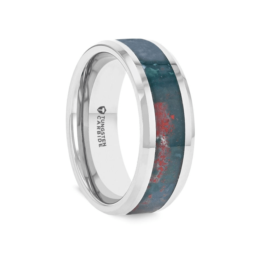 MICAH - Bloodstone Inlay Tungsten Carbide Ring with Polished Beveled Edges - 8mm - The Rutile Ltd